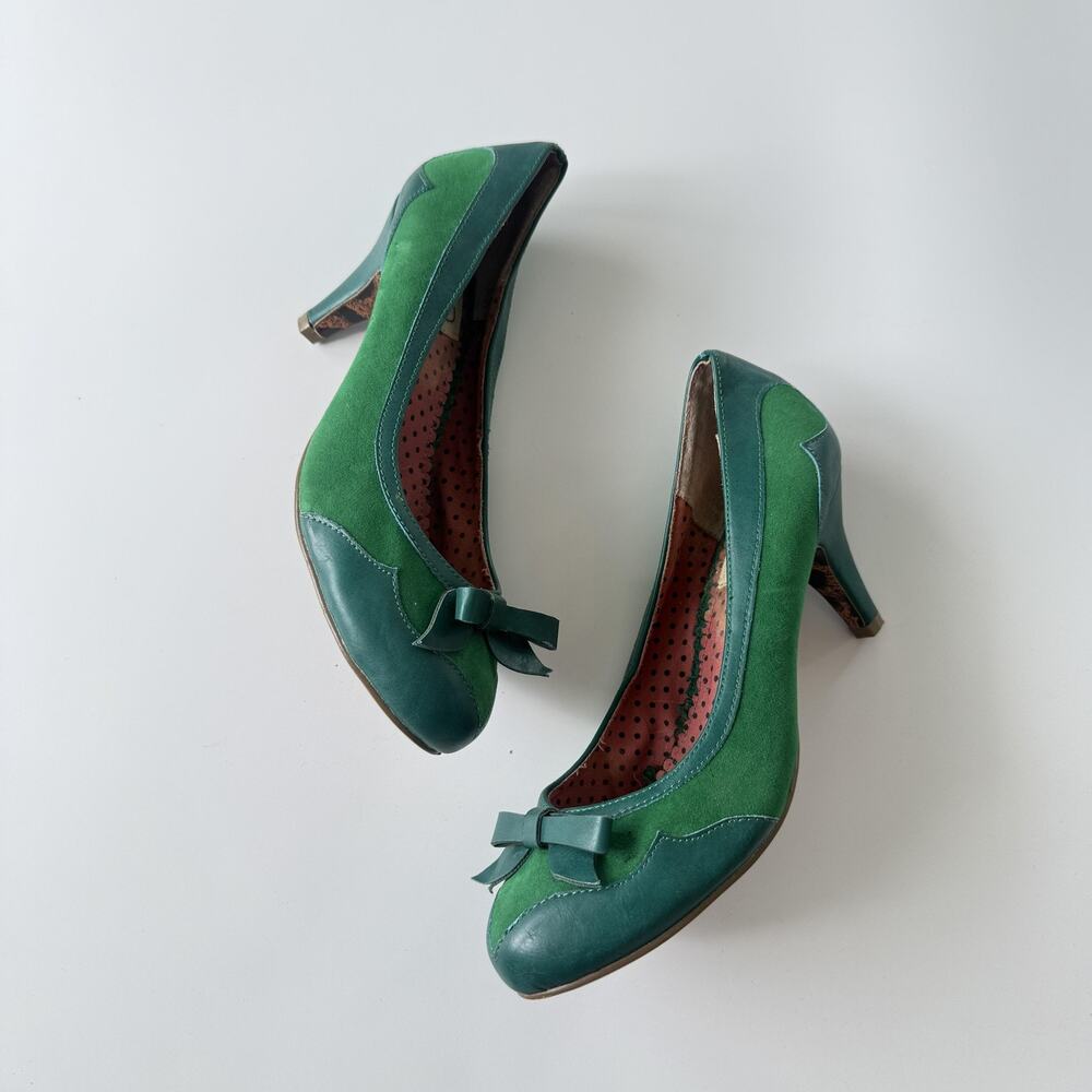 Bettie Page Heel Shoes Womens Size 9 Green Bow Cone Heel Pump Retro Pinup
